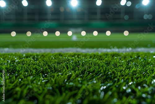 A football stadium with brightly lit floodlights and well-manicured grass, creating the perfect atmosphere for sports events and competitive matches.