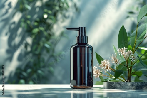 Elegant amber soap dispenser on a reflective surface with green foliage and flowers photo