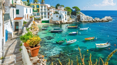 Charming coastal village with whitewashed houses and colorful boats anchored in the crystal-clear waters of the Mediterranean Sea.