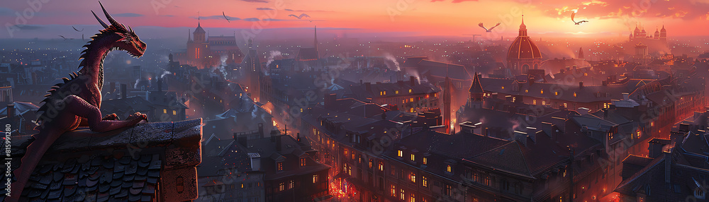Illustrate a whimsical scene of a dragon perched on a city rooftop at dusk Illustrate a whimsical scene of a dragon perched on a city rooftop at dusk