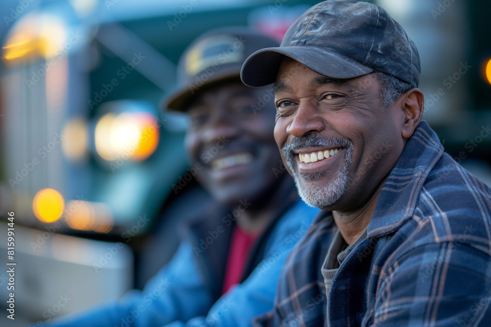 Two truckers sitting and smiling on a bench talking in a blurry truck background Two truckers sitting and smiling on a bench talking in a blurry truck background