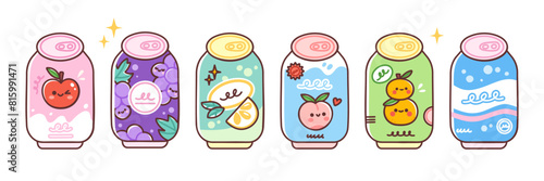Soda can set. Various fruit flavored soft drinks. Vector illustration of fresh summer beverages in cute colorful style. Isolated elements on white background.