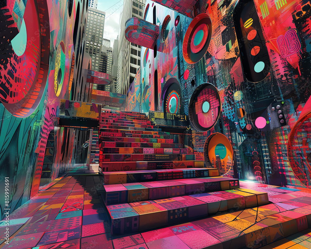 Unleash a burst of creativity by depicting a surreal fusion of psychedelic street art in a vast cityscape Emphasize unconventional camera angles to showcase the vibrant colors and Unleash a burst of creativity by depicting a surreal fusion of psychedelic street art in a vast cityscape Emphasize unconventional camera angles to showcase the vibrant colors and