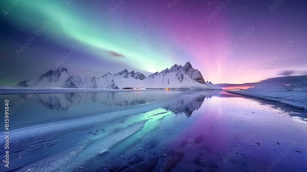 Naklejka premium Dazzling Aurora Borealis Reflection Over Snow-Capped Mountain Landscape