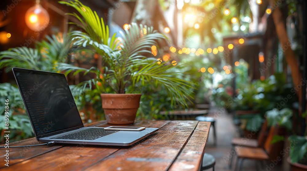working outside the company concept, working and comunication at cafe coffee with laptop and smartphone, working outside the company concept, working and comunication at cafe coffee with laptop and smartphone,