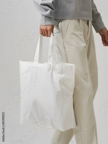 A man carrying a canvas tote bag mockup