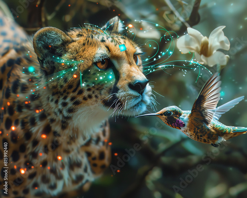 Envision an otherworldly scene where cybernetic cheetahs mirror the agility of hummingbirds in flight Capture this mesmerizing fusion of futuristic tech and natural beauty from a s