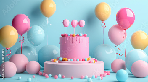 birthday cake with pastel colored tiers decorated with party balloons. Multicolored party or birthday accessories frame. Birthday party background. Birthday party background on blue. Top view. 