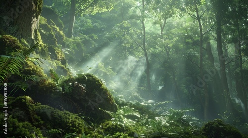 The rays of the sun break through the thickets of the dense forest.