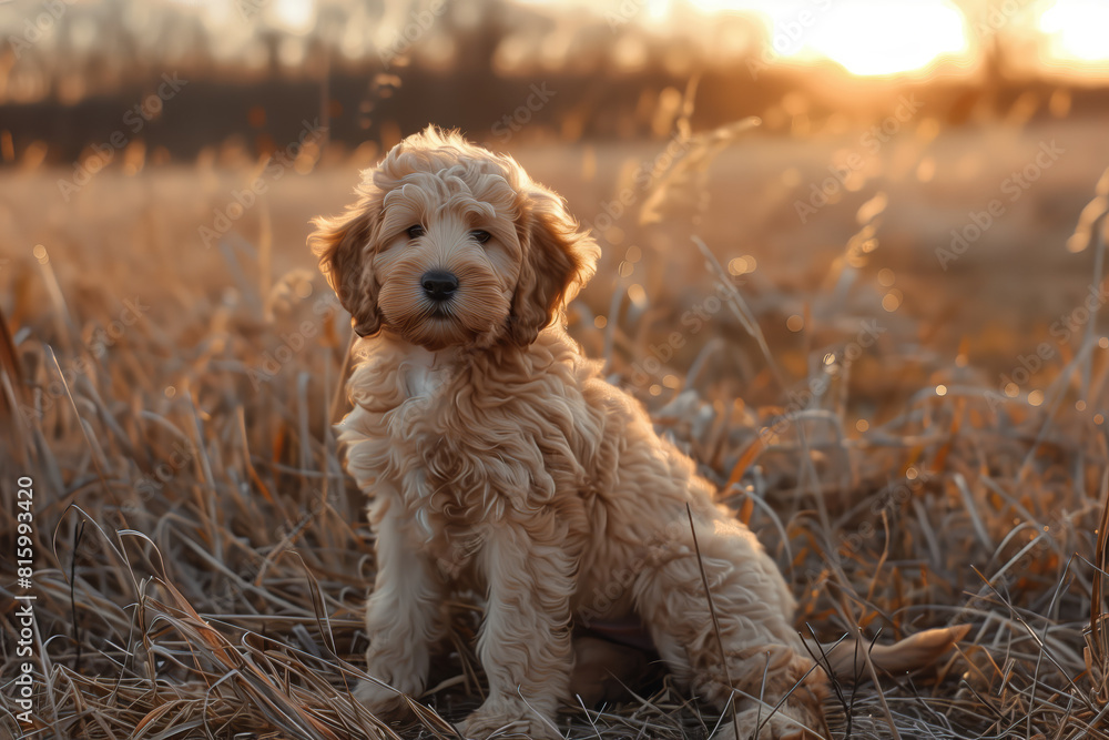 A goldendoodle puppy sitting in the grass with the sun setting behind it. A goldendoodle puppy sitting in the grass with the sun setting behind it.