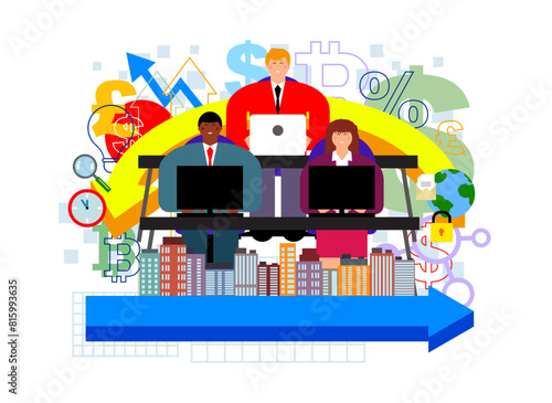 Happy office workers in global business