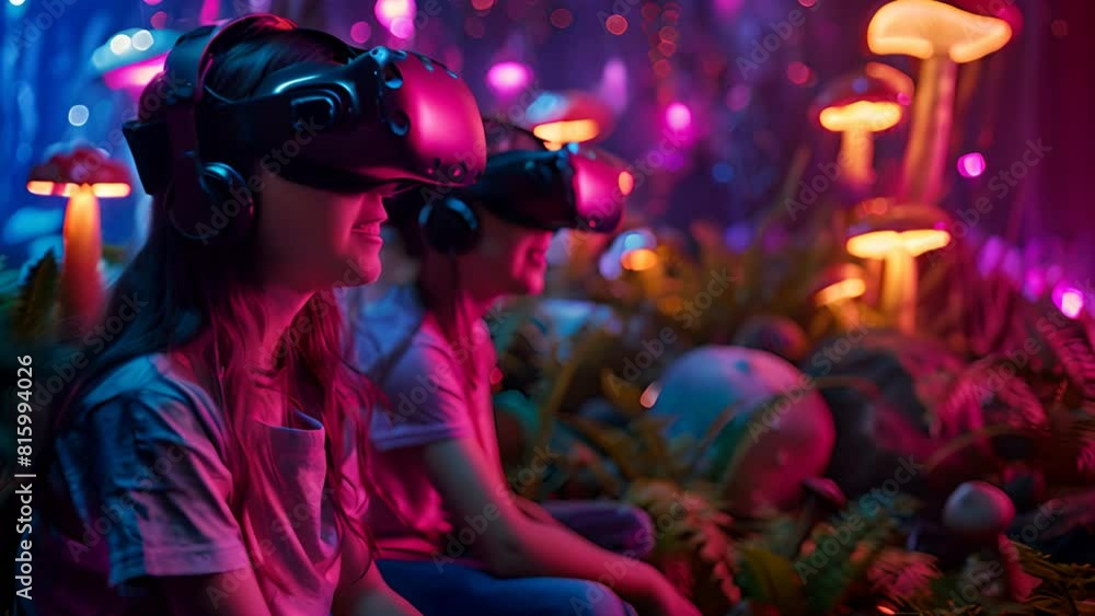 children using VR Goggles glasses embark on epic adventures in virtual reality, Bonding over fantastical experiences children using VR Goggles glasses embark on epic adventures in virtual reality, Bonding over fantastical experiences