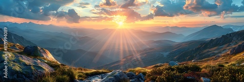 Mountain scenic view with a creek and sun rays streaming from clouds during sunset realistic nature and landscape photo