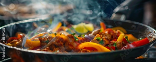 A photo of a sizzling fajita skillet with steak  bell peppers  and onions.