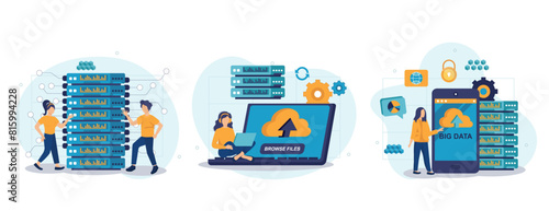 Cloud technology. Big data analysis. Data science and jobs. Developer career. Tiny people data engineers. Screen template for landing page, template, ui, web, mobile app, poster, banner, flyer.