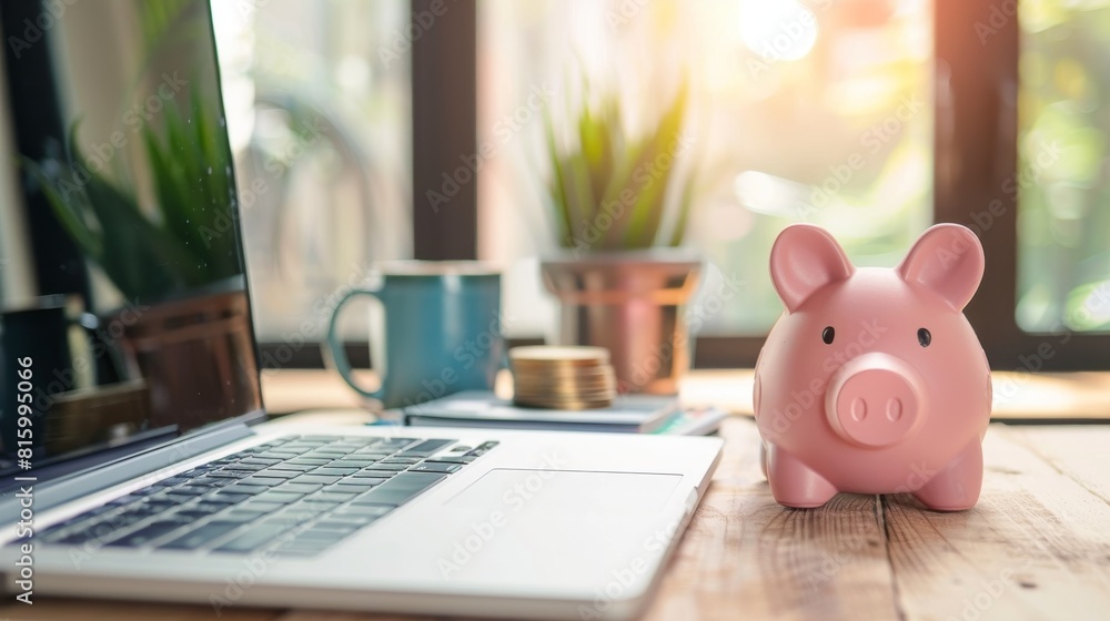 A pink piggy bank sits in the foreground on a wooden desk, with a laptop, coins, and potted plants in the backdrop A pink piggy bank sits in the foreground on a wooden desk, with a laptop, coins, and potted plants in the backdrop