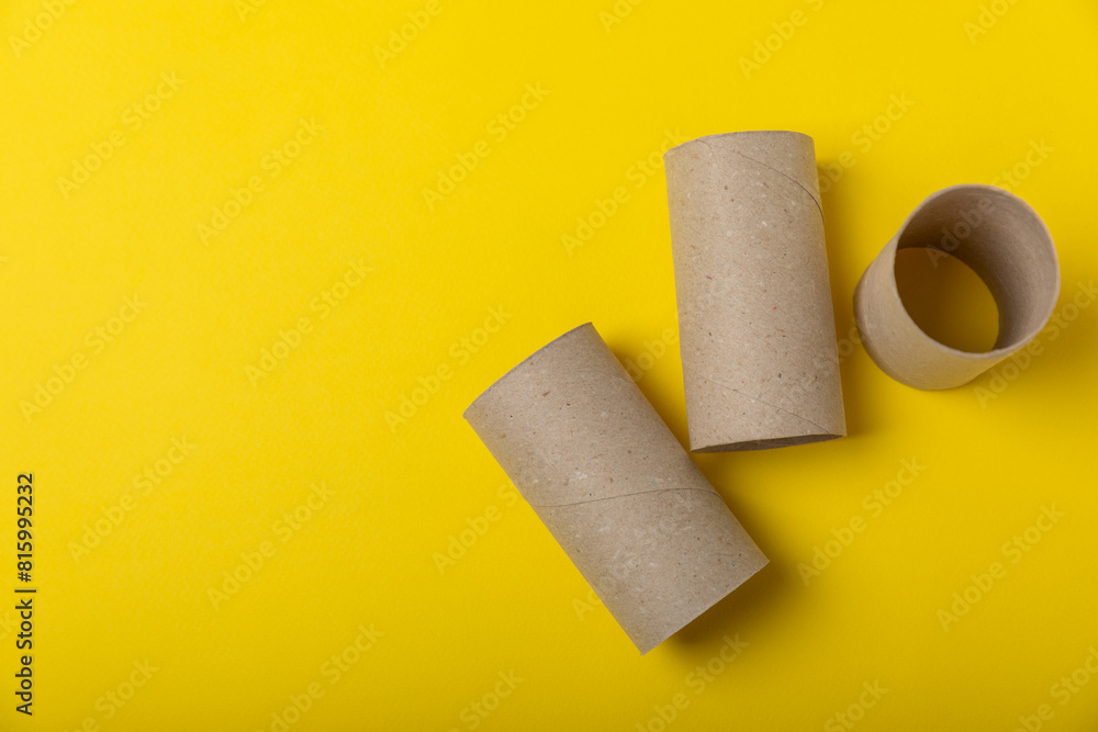 Obraz premium Empty toilet paper roll. Rolls of toilet paper on background. Paper tube of toilet paper. Place for text. Copy space. Flat lay. Eco-friendly reuse recycle