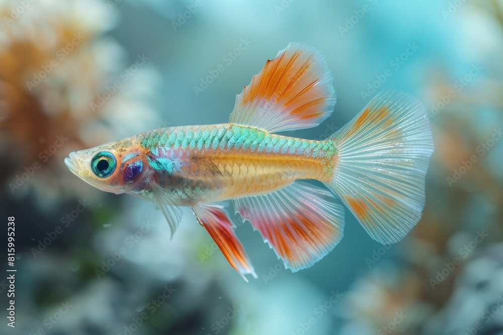 Guppy fish with colorful tails and fins, appealing to beginner aquarium keepers. Guppy fish with colorful tails and fins, appealing to beginner aquarium keepers.