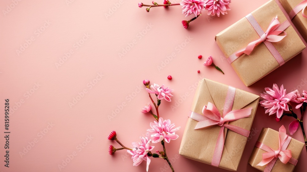 Flat lay of presents wrapped in brown paper, decorated with pink ribbon and flowers, on a soft pink surface Flat lay of presents wrapped in brown paper, decorated with pink ribbon and flowers, on a soft pink surface
