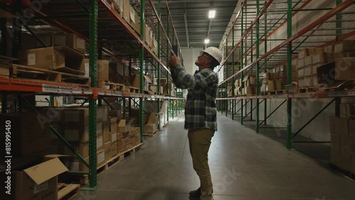 Tracking shot of worker in warehouse checking inventory with scanner / American Fork, Utah, United States
