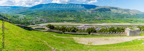 A panorama view from the castle over the Osum river above the city of Berat, Albania in summertime
