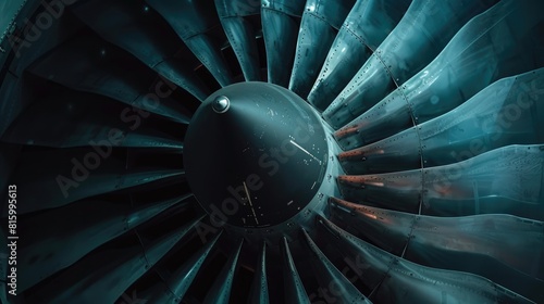 Close up image of a fan blade and spinner cone in an aircraft s turbofan engine