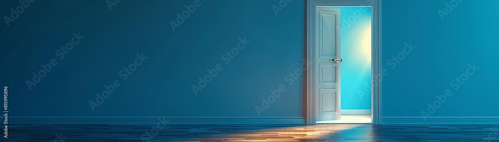 Bluehued digital artwork featuring a door ajar with bright light streaming through, suggesting opportunity Bluehued digital artwork featuring a door ajar with bright light streaming through, suggesting opportunity