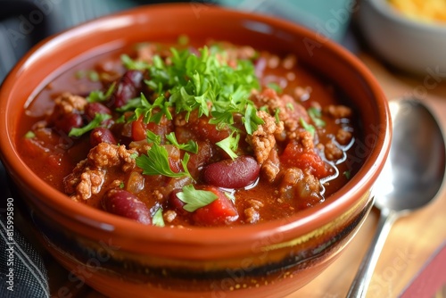 Traditional chili with minced meat and kidney beans, garnished with fresh parsley