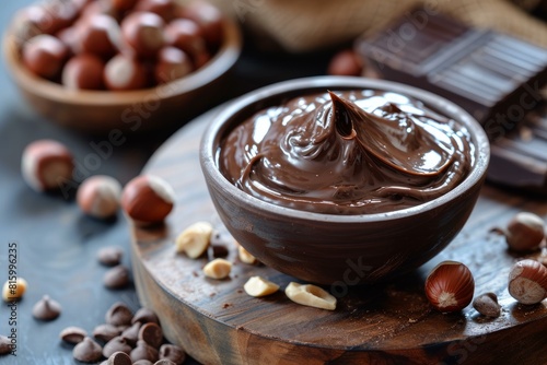 Rich and creamy chocolate hazelnut spread in a bowl surrounded by whole nuts and dark chocolate pieces