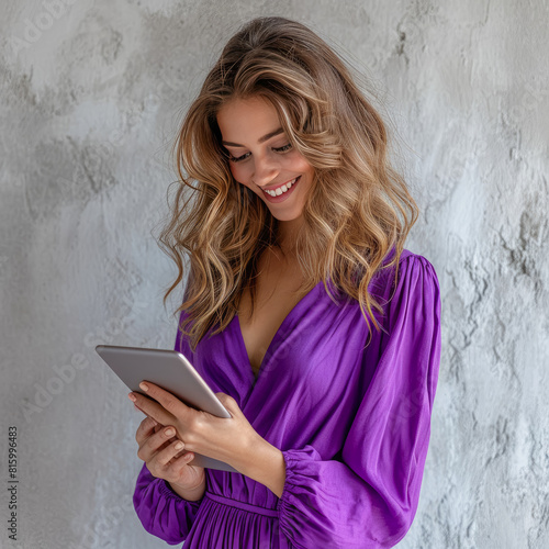 young smiling woman with her back to the viewer looking at her tablet deep in study dressed in business casual © Tatiana