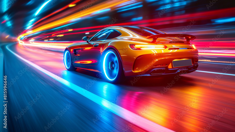View behind the back of a sport car with a colorful high speed blur right curved traces inside a tunnel as a blurry background View behind the back of a sport car with a colorful high speed blur right curved traces inside a tunnel as a blurry background