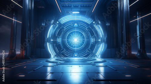 Circular Blue Glowing Sci-fi large Door in center of a futuristic room of an unknown alien temple with a dark background