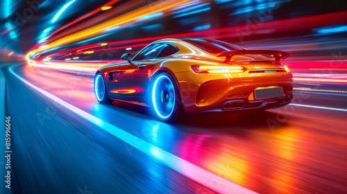 View behind the back of a sport car with a colorful high speed blur right curved traces inside a tunnel as a blurry background