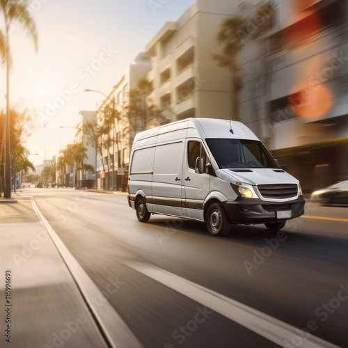 White transport Van front view without brand driving fast in an empty street with a strong morning light on the buildings