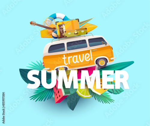Summer travel illustration with retro mini van , tropical fruits and plants, white letters. Vacation concept design.