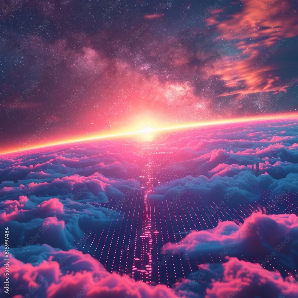Fototapeta premium Abstract holographic backgrounds featuring elements such as synthwave, vaporwave, retro wave, and cyberpunk aesthetics are popular in digital art.