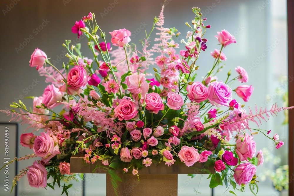 Floral Podium Display: Pink Roses and Spring Beauty