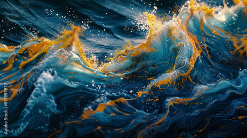 Brushstrokes of cobalt and saffron evoke an abstract aquatic reverie. photo