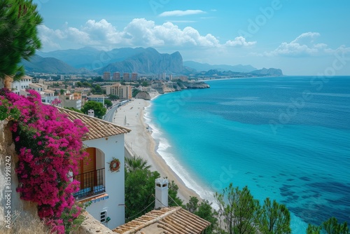 View to beautiful Albir town with main boulevard promenade, seaside beach and Mediterranean sea.