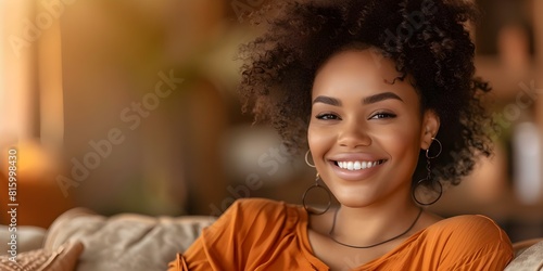 Woman on a Sofa: Relaxing and Smiling on Her Day Off. Concept Relaxation, Happiness, Leisure, Day Off, Relaxing at Home photo