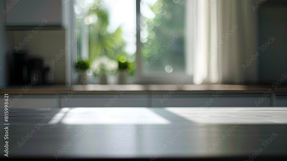Free space table top background on blurred kitchen window interior : Generative AI Free space table top background on blurred kitchen window interior : Generative AI