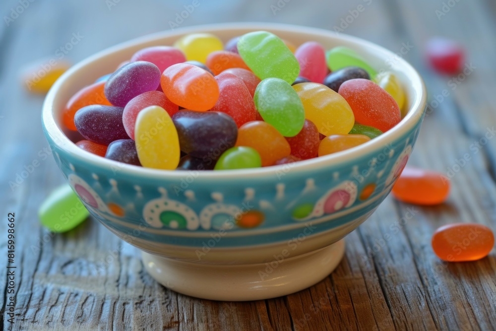 Vibrant selection of jelly beans fills a decorative bowl, perfect for sweet cravings Vibrant selection of jelly beans fills a decorative bowl, perfect for sweet cravings