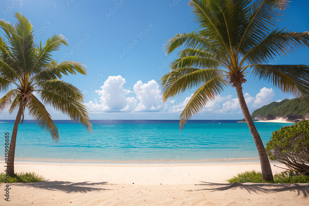 tropical beach overlooking palm trees and ocean, vacation and summer holiday concept tropical beach overlooking palm trees and ocean, vacation and summer holiday concept