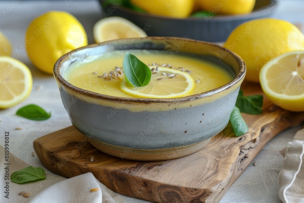 Bowl of vibrant lemon basil soup garnished with herbs, surrounded by fresh lemons on a wooden board Bowl of vibrant lemon basil soup garnished with herbs, surrounded by fresh lemons on a wooden board
