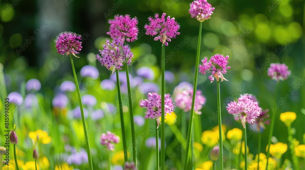 Allium ampeloprasum blooming in early summer against a green backdrop Allium ampeloprasum blooming in early summer against a green backdrop