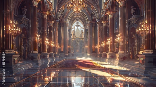 majestic fantasy palace hall interior with intricate architecture realistic game concept illustration digital cg artwork