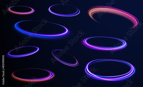 Neon flare. Colorful rays. Abstract fire flare trace lens flares acceleration speed motion on night road.