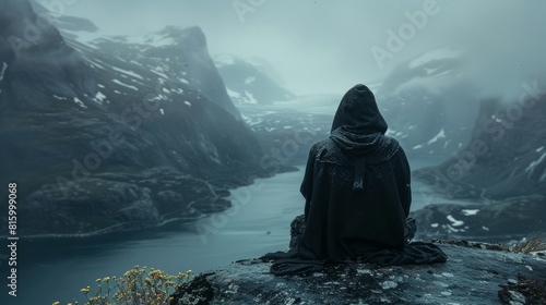 A mysterious figure wearing a black hooded cloak is perched on a boulder, gazing into the distance. Explore the wonders of AI generative art.