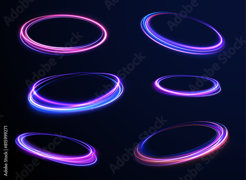 Neon flare. Colorful rays. Abstract fire flare trace lens flares acceleration speed motion on night road.