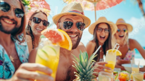 Group of joyful friends enjoying a summer party with tropical drinks and laughter under the sun with colorful umbrellas. photo